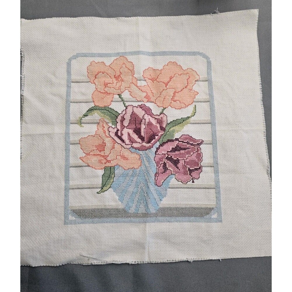 Pastel Floral Vase Counted Cross Stitch Finished Golden Bee Silver Accents